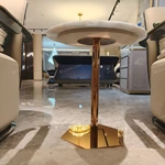 Round Light Stone-Top Sofa Side Table with Rose Gold Pedestal and Hexagonal Metal Base